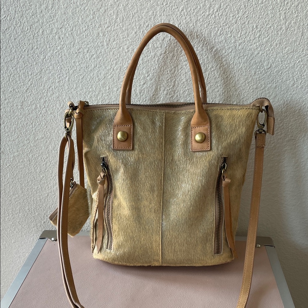 Anthropologie Miss Albright Leather Calf Hair Tan Tote Shoulder Bag